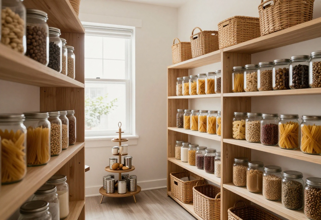 Warm pantry shelves with glass jars, woven baskets, and organized canned goods in natural light.