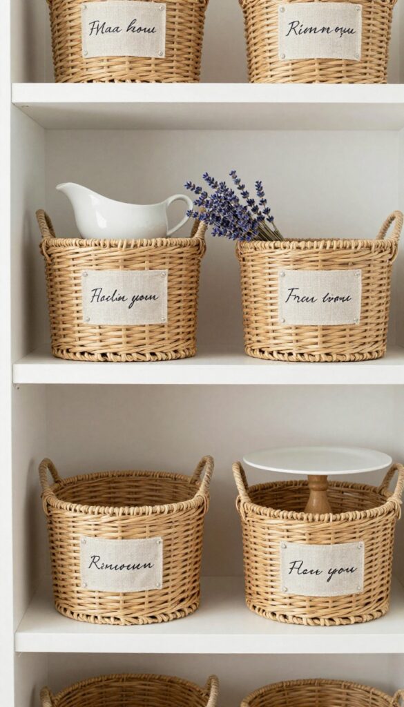 Open kitchen shelving with labeled woven baskets storing specialty dishware like a gravy boat and punch bowl, decorated with dried lavender.