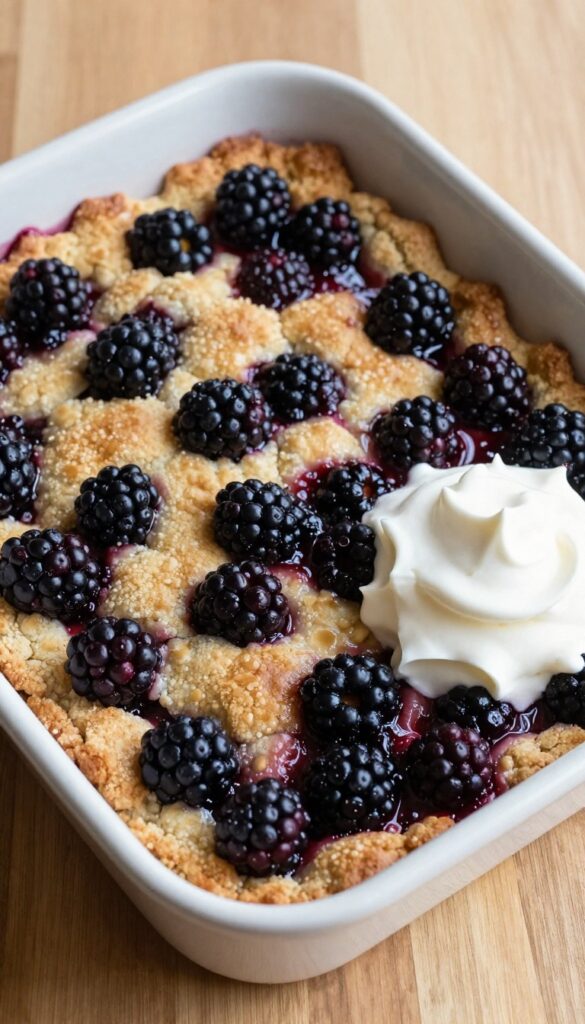 A blackberry crisp with golden biscuit topping and whipped cream in a baking dish.