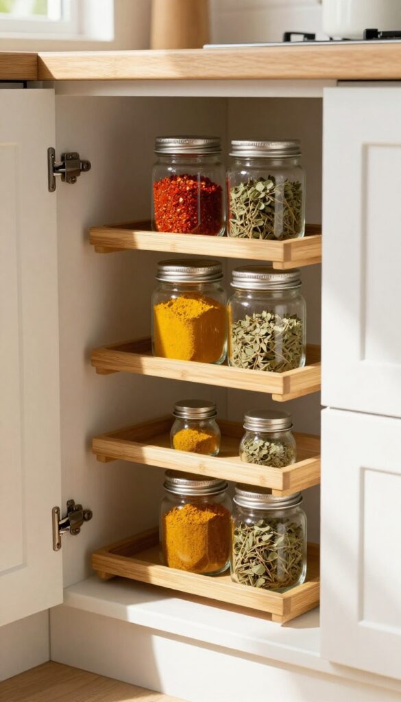 Open kitchen cabinet with wooden tiered spice rack holding clear jars of colorful spices, warm natural lighting.