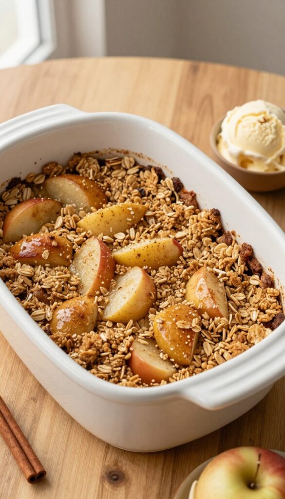 Slow cooker apple crisp with golden oat topping and vanilla ice cream on a wooden table.