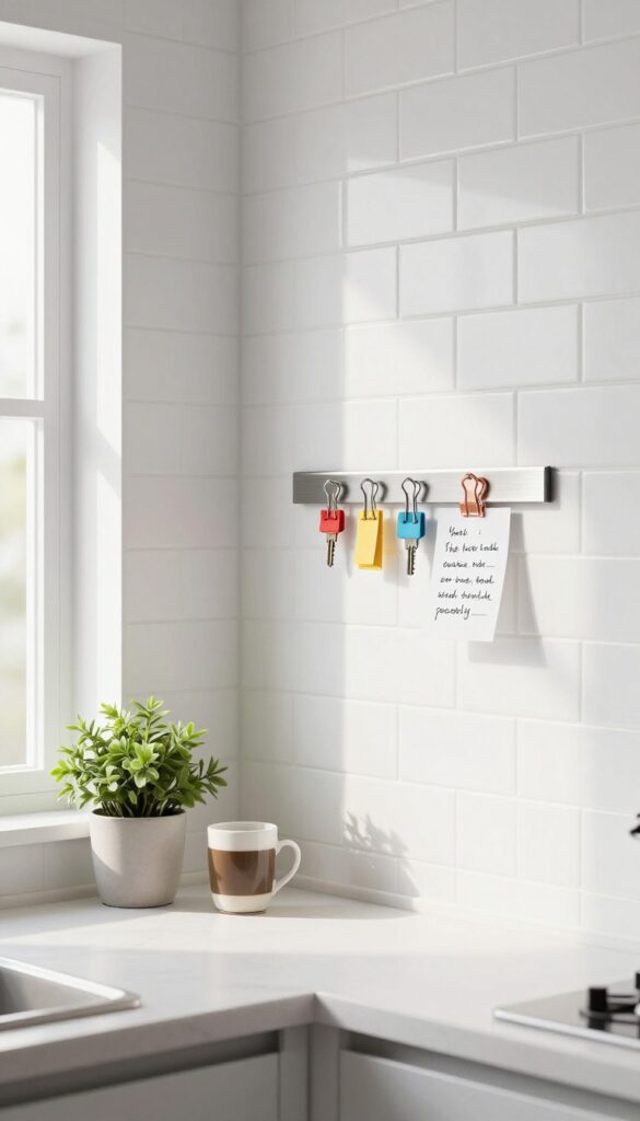 Magnetic knife strip mounted on kitchen wall holding paper clips, keys, and notes, with clean counter and natural light.