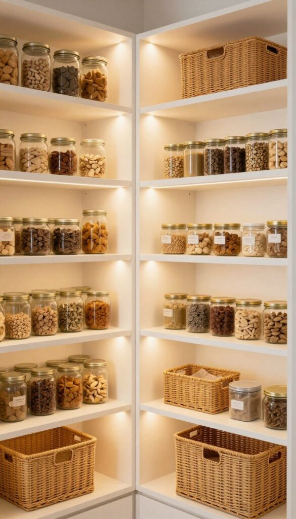 Deep pantry with under-shelf LED lighting illuminating organized shelves, banishing dark corners.