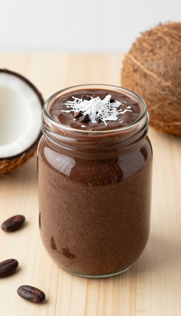 Creamy coconut chocolate chia pudding in a glass jar topped with shredded coconut and cacao nibs, with coconut half and cocoa beans on wooden table.