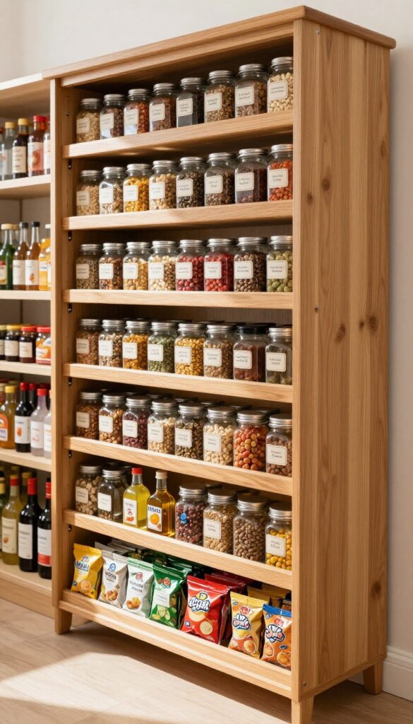 Over-the-door rack on pantry door holding spices and small jars, organized and visible.