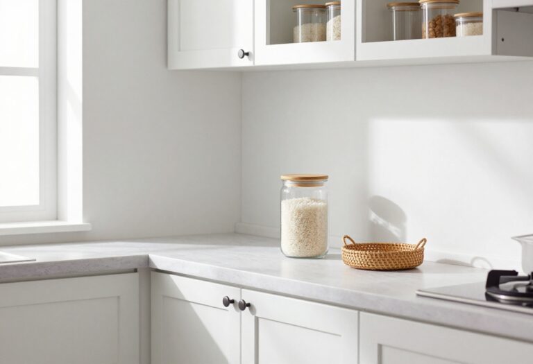 A clear glass jar of rice with bamboo lid on a kitchen counter, with a woven basket nearby, in a bright, organized kitchen.
