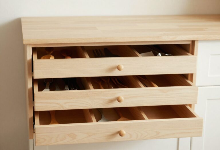 Open kitchen drawer with wooden dividers organizing utensils in a cozy, layered style