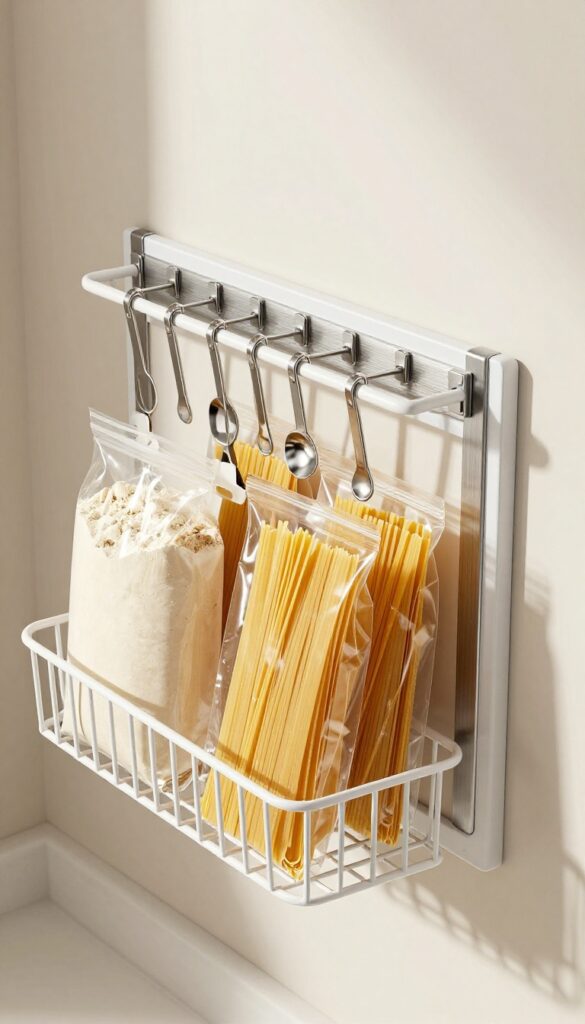 Wire rack pantry with magnetic holder on side holding bag clips and spoon