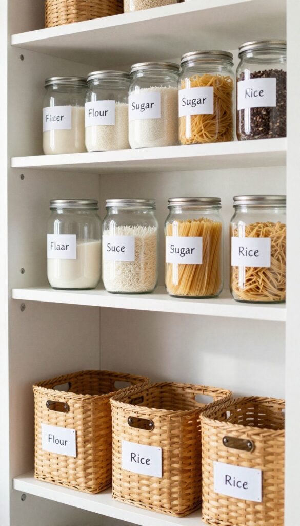 A well-organized pantry with clear labels on jars and bins, creating a calm and efficient storage system.