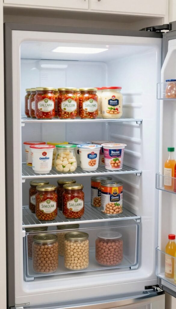 Refrigerator with wire shelf riser creating extra vertical space for canned goods and jars.