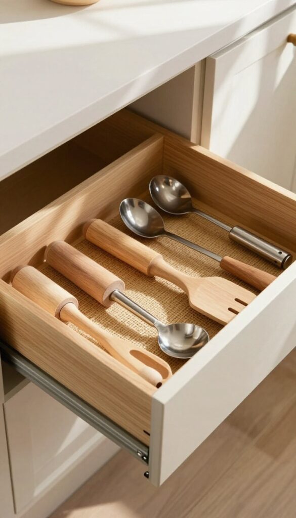 Pull-out drawer insert for deep kitchen cabinet, organizing utensils neatly in compartments, warm natural light.