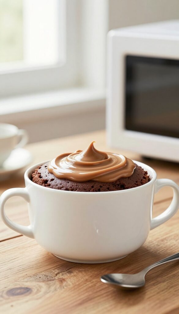 Gluten free chocolate mug cake with peanut butter swirl in a mug on a wooden table, warm natural light, cozy dessert scene.