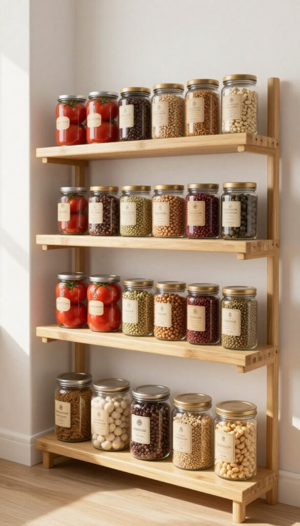 Tiered bamboo risers on a pantry shelf displaying neatly organized cans and jars, with bright natural light highlighting labels.