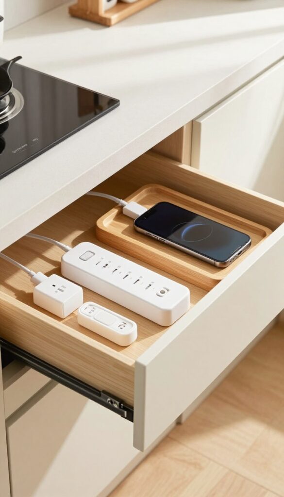 Open kitchen drawer with wooden tray holding power strip, phone, and tablet charging, showing organized cord management.
