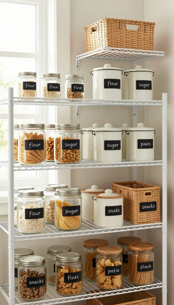 Organized pantry with labeled glass jars and baskets on white wire shelves, bright natural light, clean and modern aesthetic.
