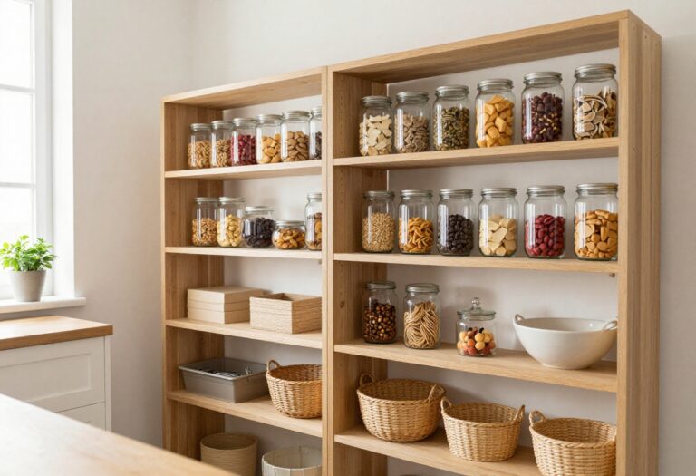 Bright and airy pantry with glass jars, woven baskets, and a plant, showcasing organized snack storage.