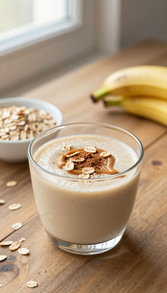 Creamy peanut butter oat smoothie in a glass with peanut butter drizzle, cinnamon, and oats on a wooden table.