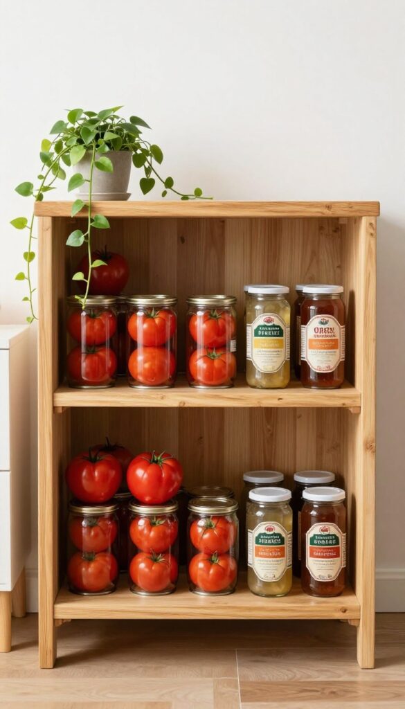 Pantry shelf with bamboo risers creating vertical layers for organized cans and jars, with a trailing plant accent