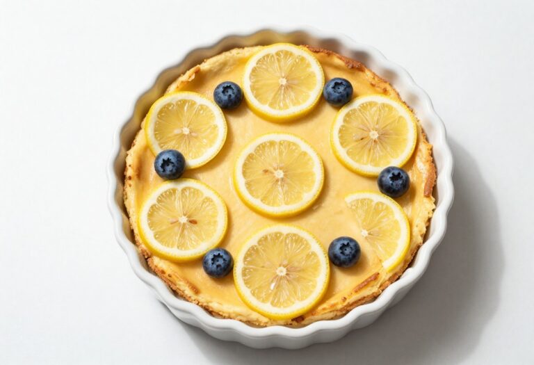 Keto lemon cheesecake bars on a white dish with lemon slices and blueberries