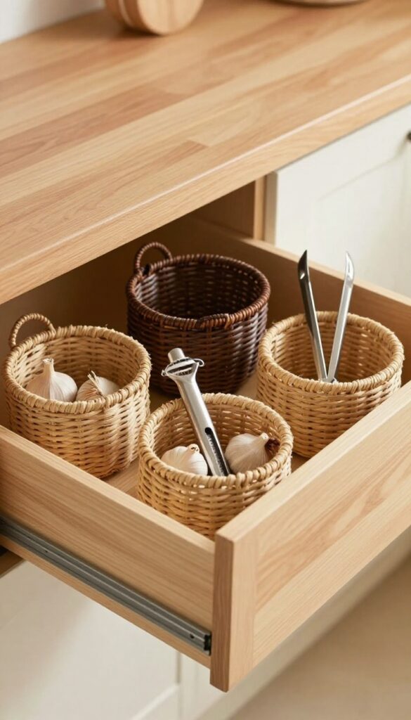 Woven baskets in a kitchen drawer holding utensils, rustic warmth, natural light