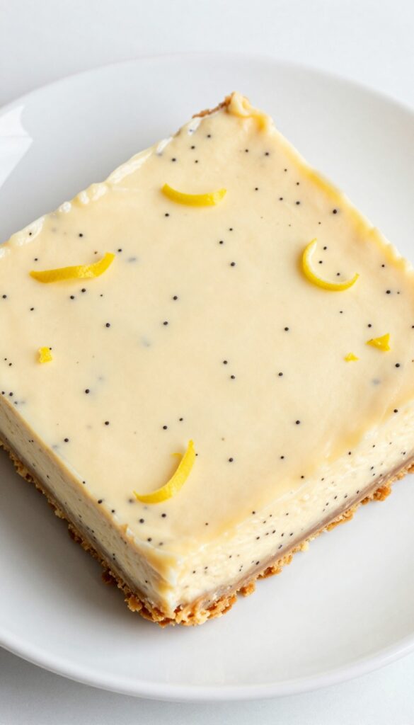 Keto lemon poppy seed cheesecake bar on a white plate, showing creamy filling with poppy seeds and almond flour crust.