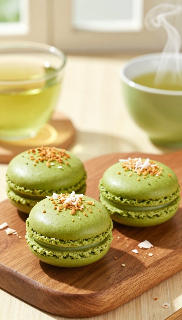 Two matcha green tea keto macaroons on a wooden board with a cup of green tea