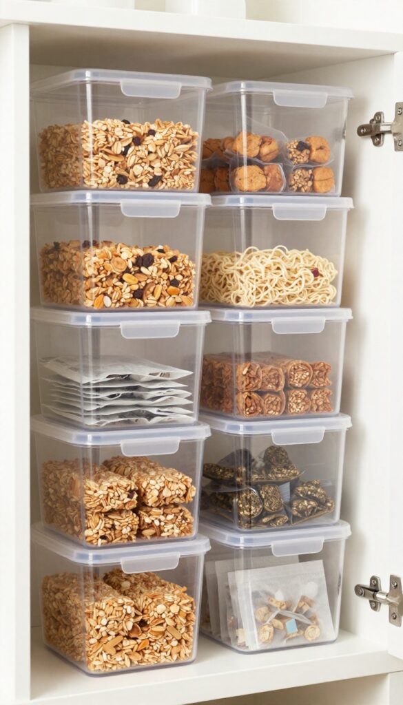 Stacked clear bins filled with snacks and packets on a pantry shelf