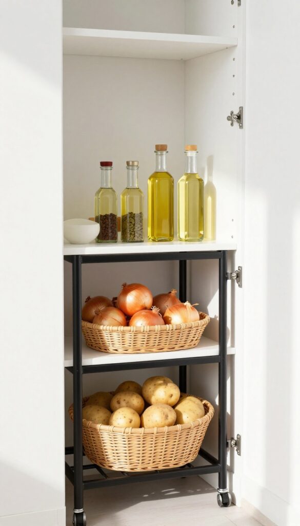 Slim rolling cart in a narrow pantry with baskets of potatoes, onions, and bottles of oil and spices