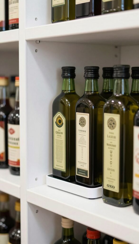 Slim turntable on a pantry shelf with bottles of oil and vinegar, rotated for easy corner access.
