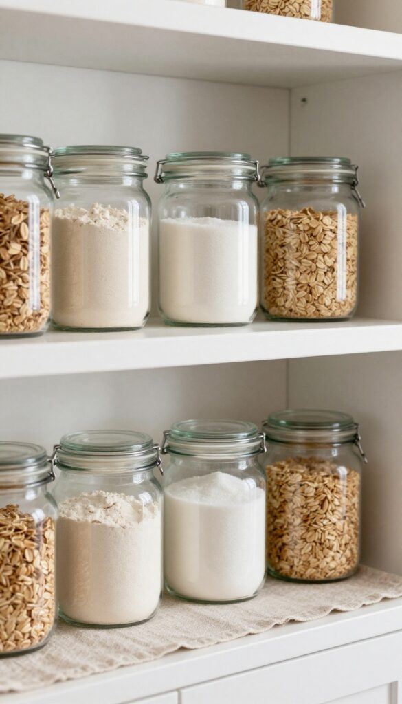 Clear glass jars filled with baking staples on a kitchen shelf, organized neatly with a linen runner, under soft natural light.