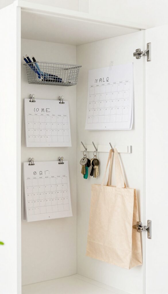 A pegboard command center on a pantry door with calendar, keys, pens, and shopping bag.