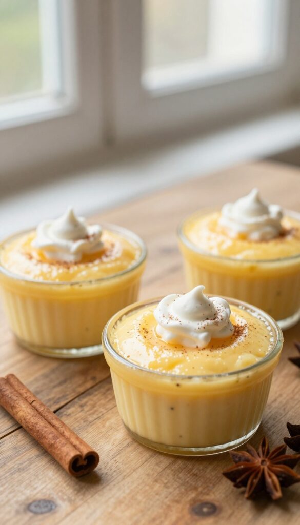 Spiced vanilla custard cups with whipped cream and cinnamon dusting on a wooden table.