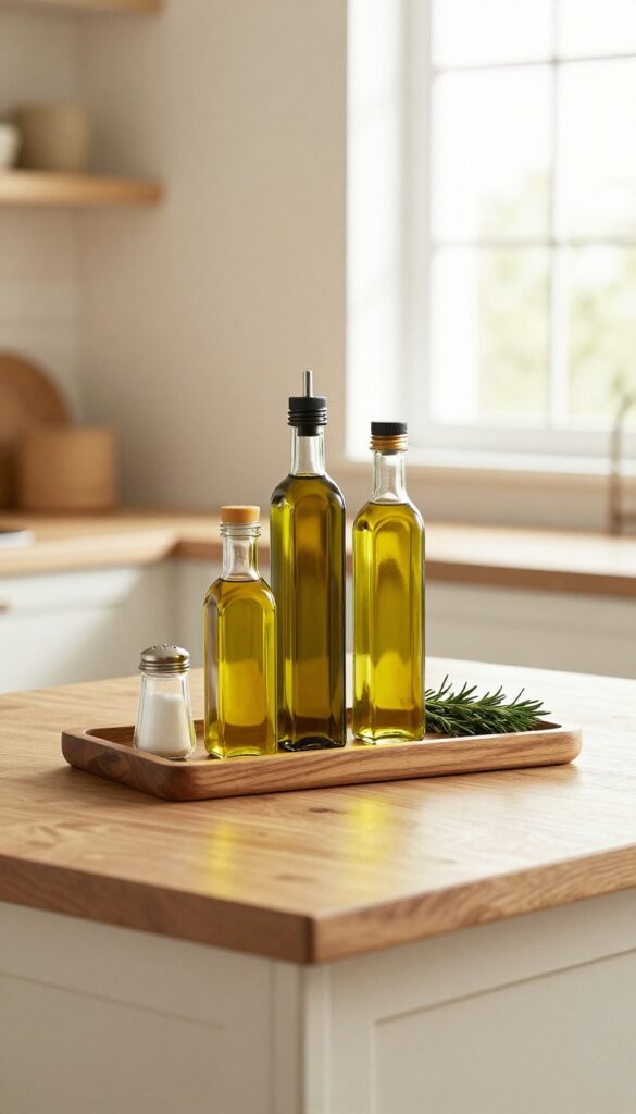 Decorative tray on kitchen island with olive oil and vinegar bottles, salt cellar, and rosemary sprig