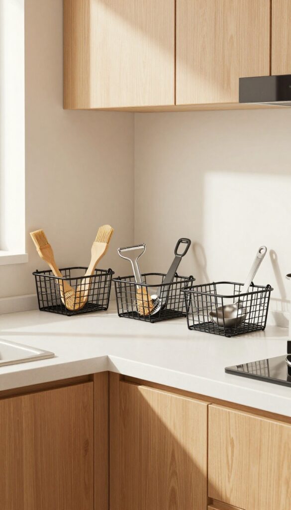 Under-shelf wire baskets attached to a kitchen cabinet holding kitchen tools like a pastry brush, vegetable peeler, and measuring spoons.