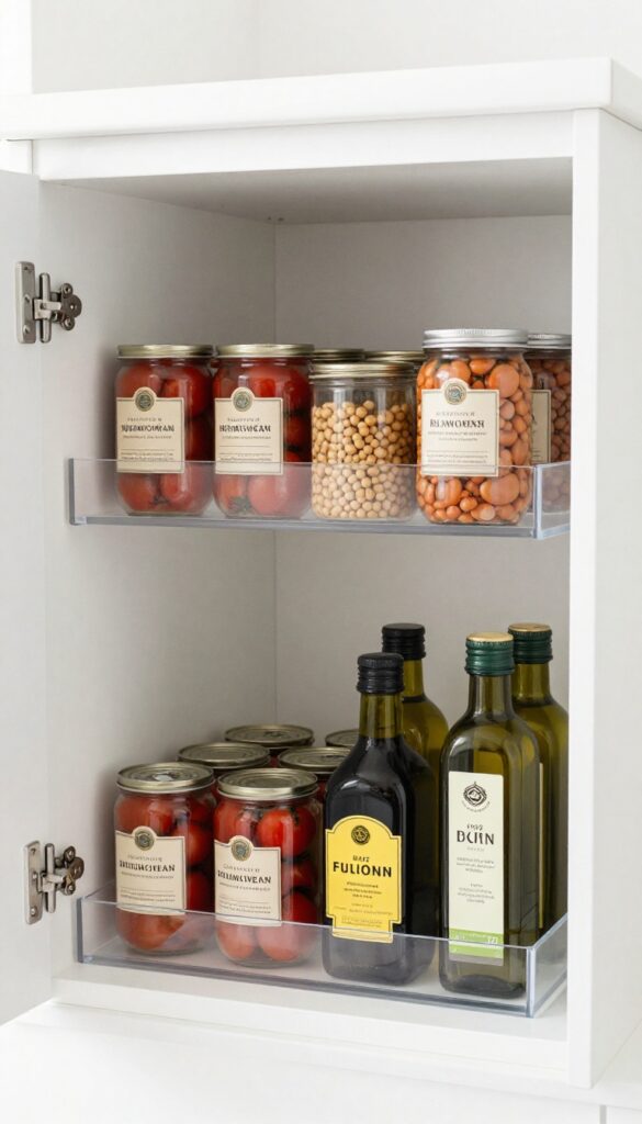 Tiered shelves for cans and jars in a bright, organized pantry