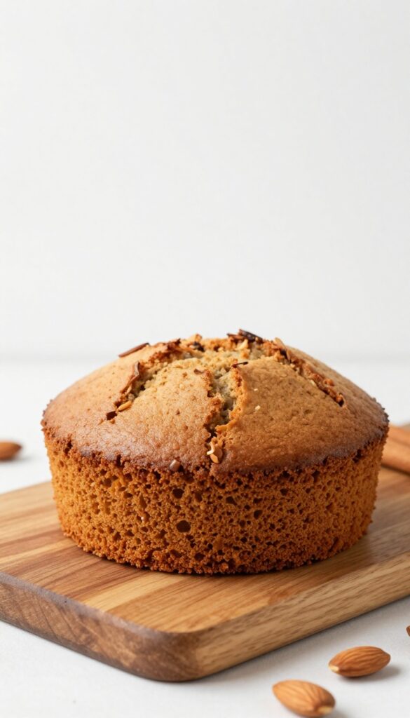 Slice of almond flour cinnamon coffee cake on a wooden board with streusel topping