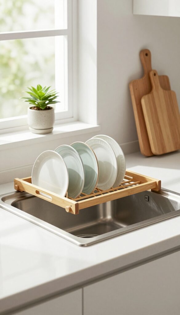 Compact foldable bamboo dish drying rack over sink in minimalist Japanese kitchen