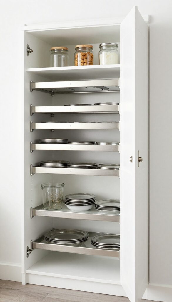 Magnetic strip on pantry door holding metal lids in an organized row