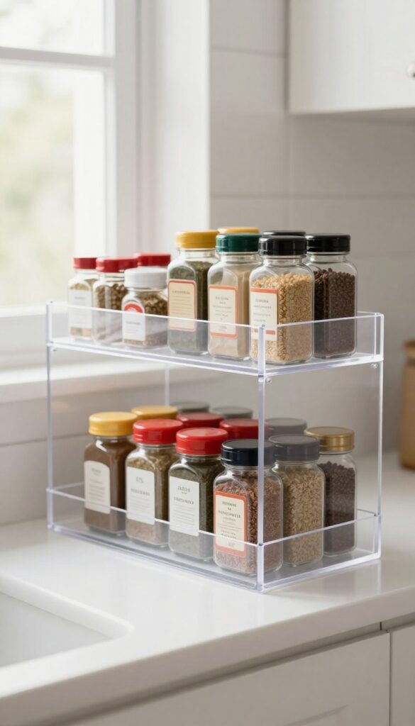 Lazy Susan with condiments and spices in a bright pantry