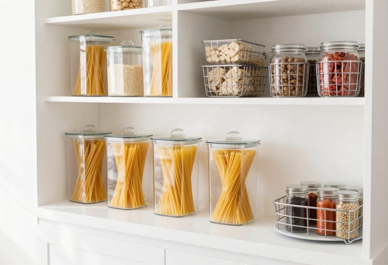 Bright and airy pantry with clear canisters, wire baskets, and a lazy Susan, organized with Dollar Tree finds.