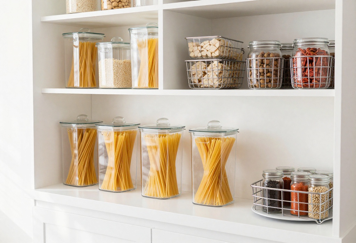 Bright and airy pantry with clear canisters, wire baskets, and a lazy Susan, organized with Dollar Tree finds.