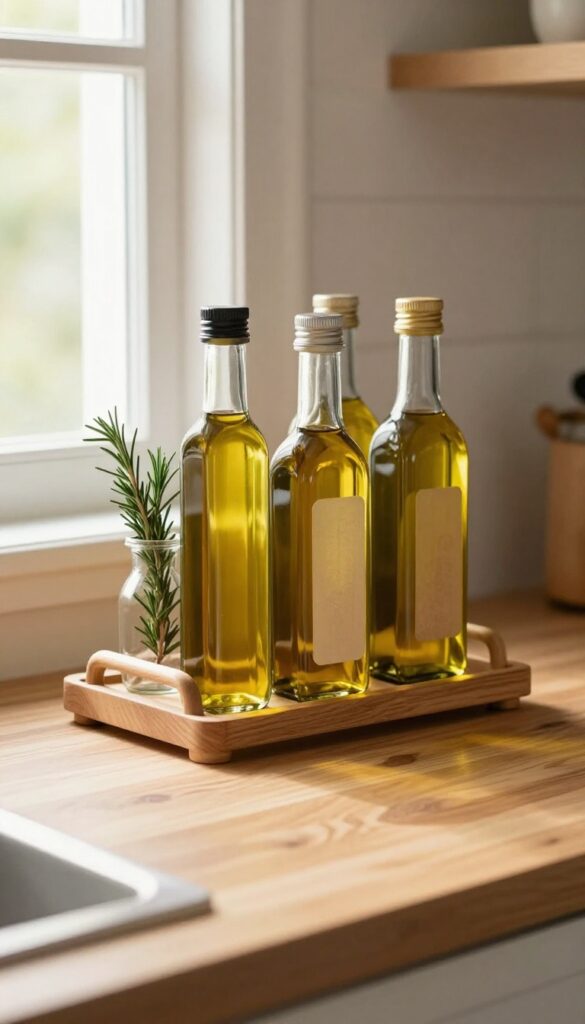 Wooden wine rack on kitchen counter holding olive oil and vinegar bottles with rosemary sprig