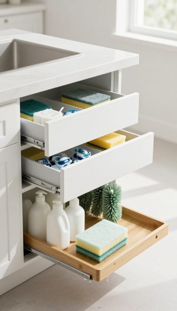 Open pull-out drawer under kitchen island with organized sponges, pods, and brushes inside white dividers and bamboo tray, bright natural light