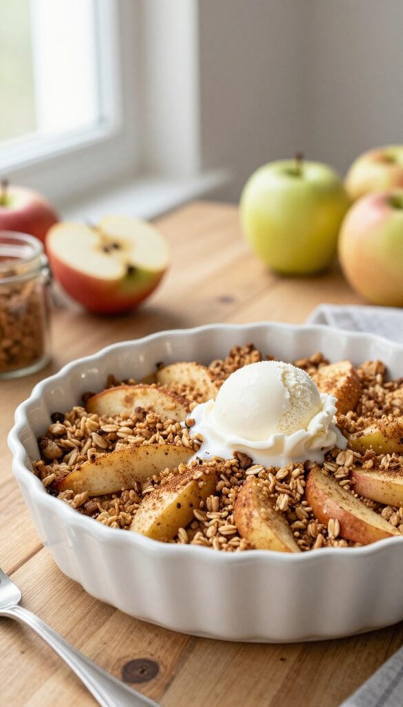 Gluten-free apple crisp with oat topping and vanilla ice cream in a white baking dish on a wooden table.
