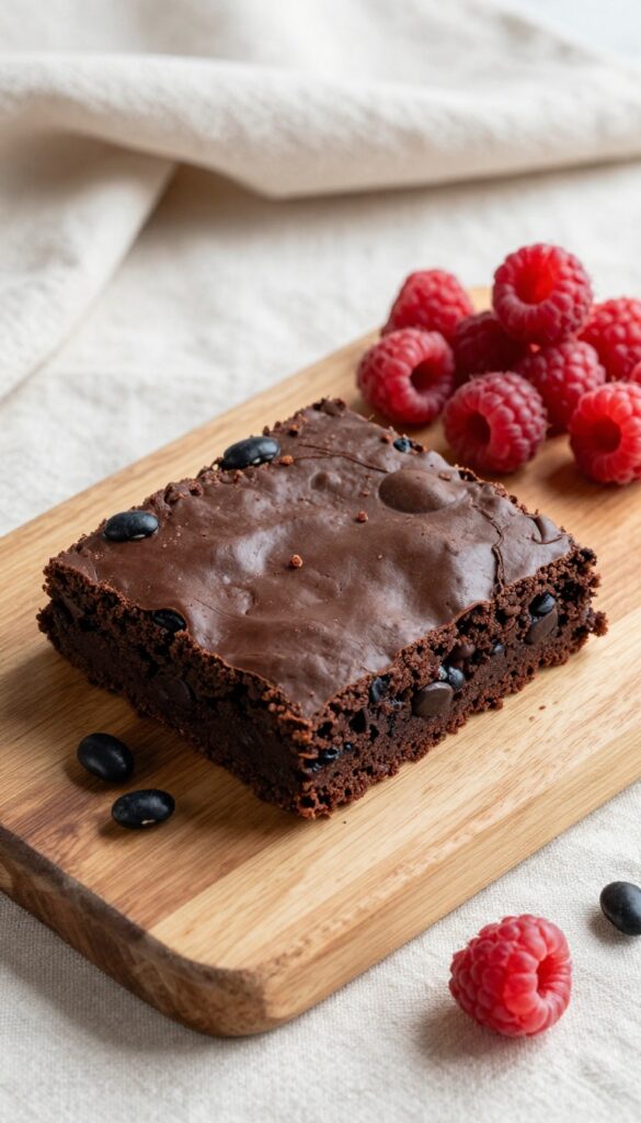 Fudgy black bean brownie slice on wooden board with black beans and raspberries