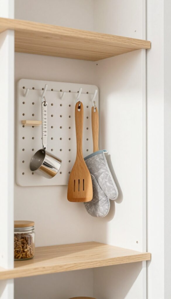 Narrow pantry with a pegboard on the side wall holding kitchen tools, bright natural light.