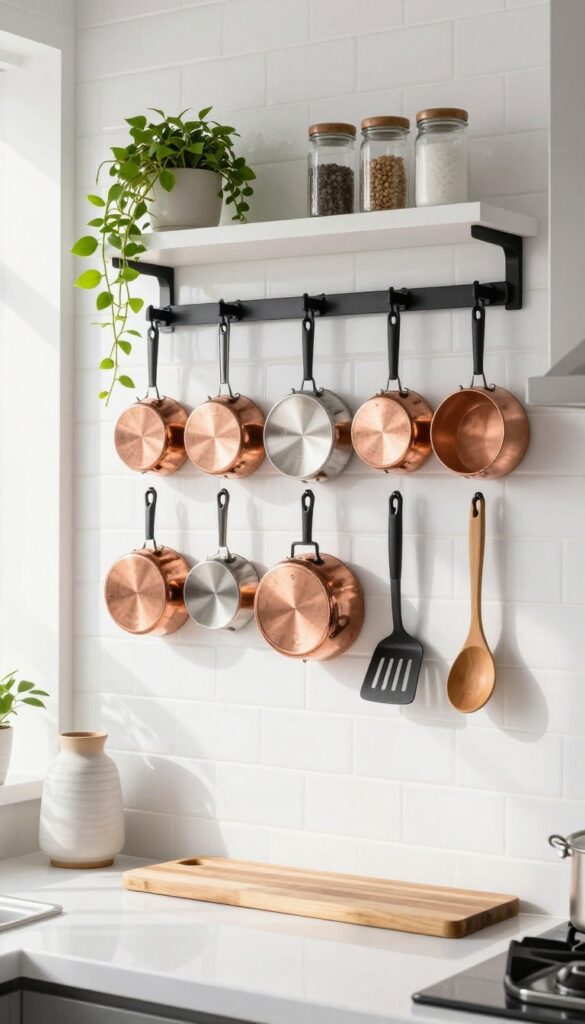 DIY pegboard wall for pots and pans in a small kitchen with copper cookware and a trailing plant