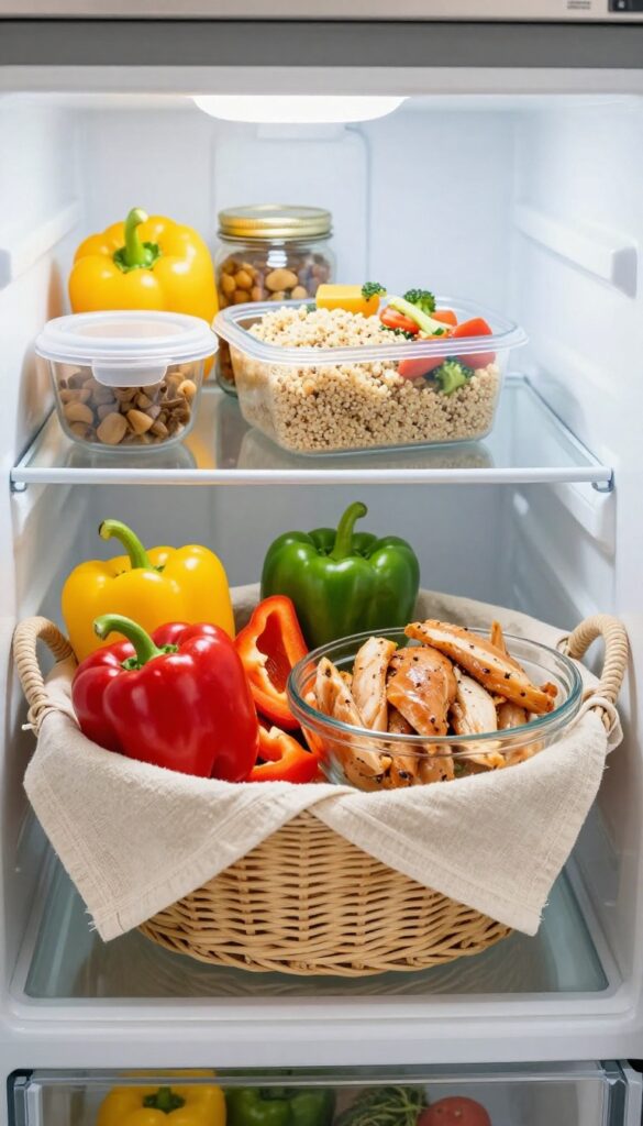 Open fridge with a woven basket containing chopped bell peppers, quinoa, and marinated chicken for meal prep.