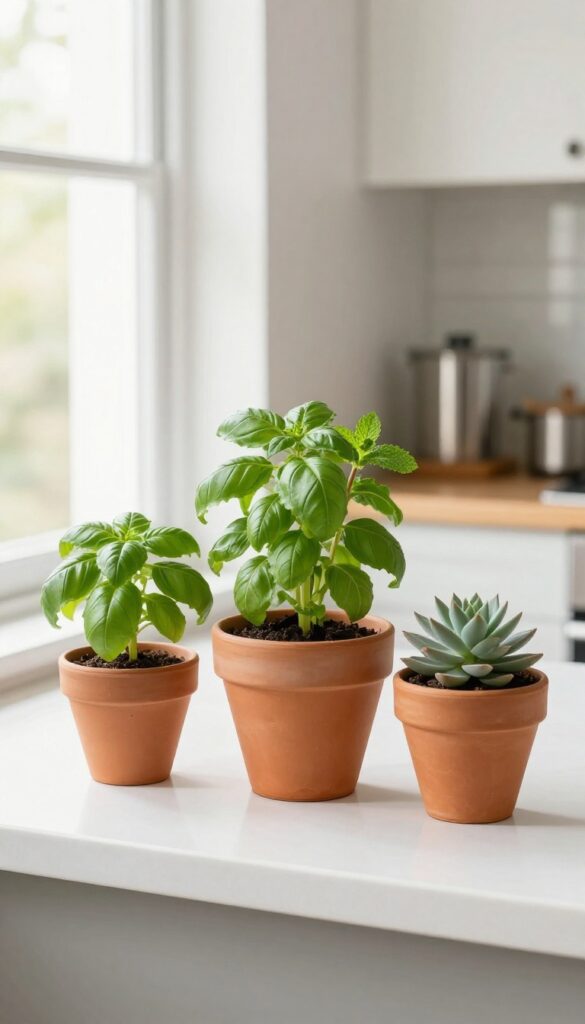 Kitchen windowsill with three small potted herbs and a succulent in terracotta pots, natural light, clean composition.