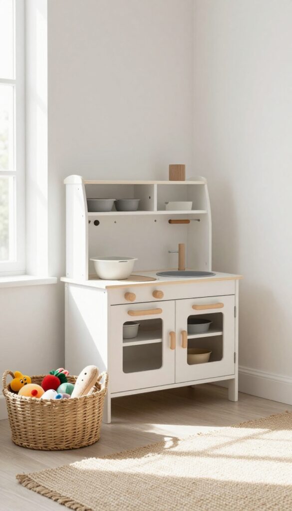A woven basket on the floor next to a play kitchen holds bulky play food and pots, with natural light and a tidy room.